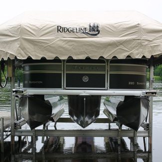 All aluminum pontoon lift with tan canopy cover